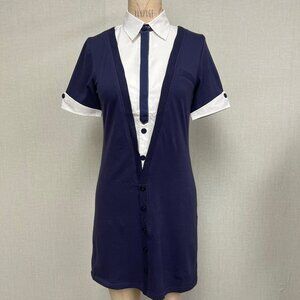 New With Tags Deadstock 2000s Color Block Retro Collared Navy White Shirt Dress